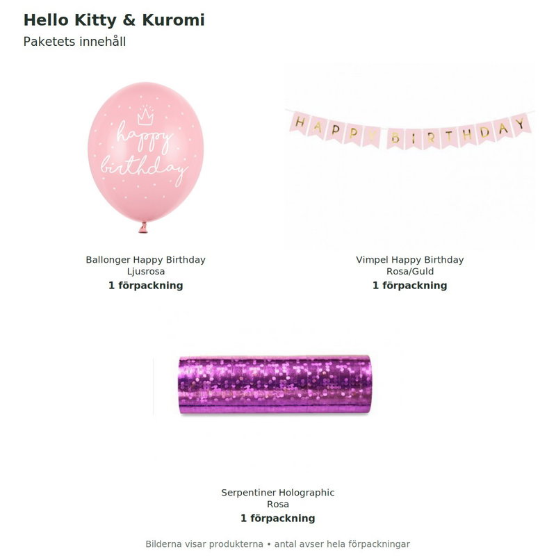 Hello Kitty & Kuromi – dekorationspaket Bas – innehåll och antal