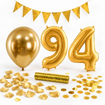 94-års festpaket, Guld, Stor – paketets dekorationer på vit bakgrund