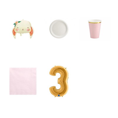 3-årskalas, Kaninkalas, kalaspaket, 6 gäster – paketets produkter med sifferballong 100 cm