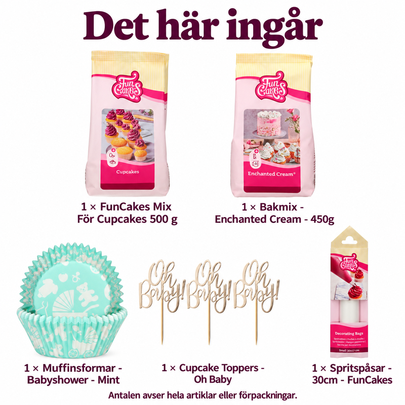 Babyshower – baka och dekorera Oh Baby-cupcakes – innehåll och antal