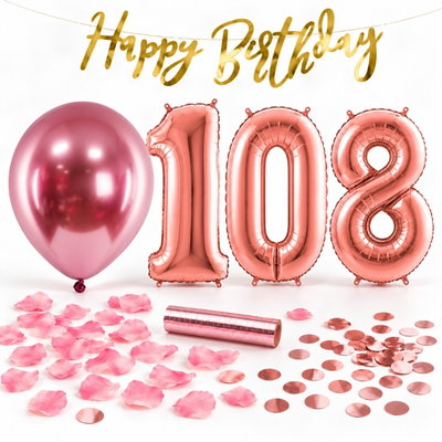108-års festpaket, Roséguld, Stor – paketets dekorationer på vit bakgrund