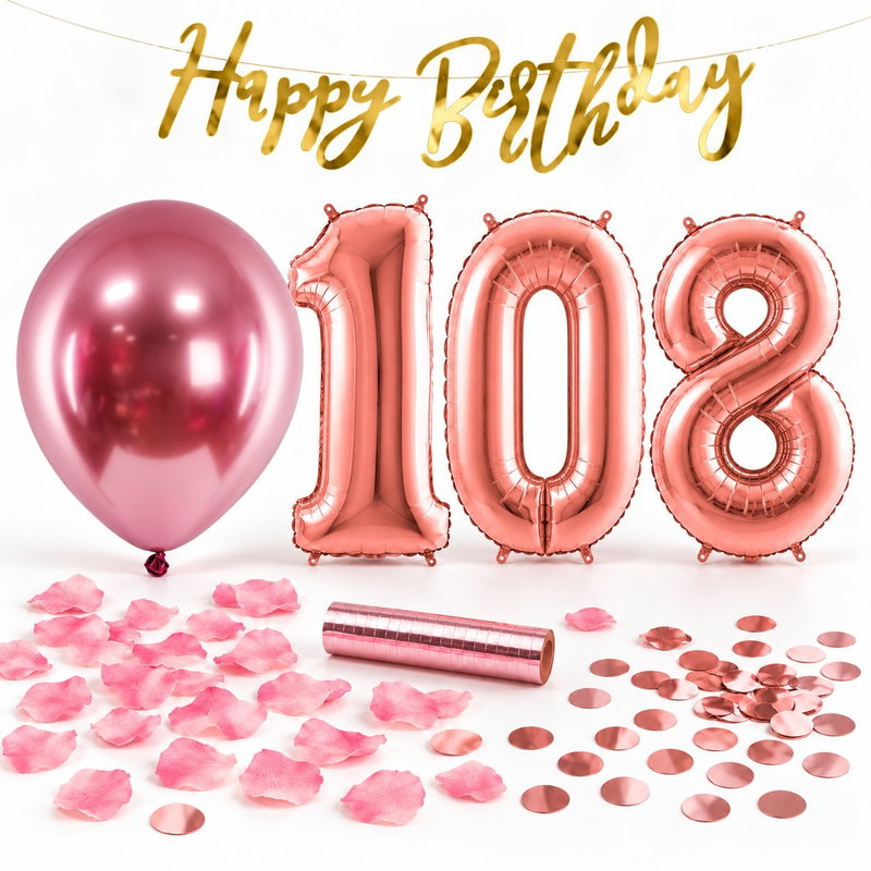 108-års festpaket, Roséguld, Stor – paketets dekorationer på vit bakgrund