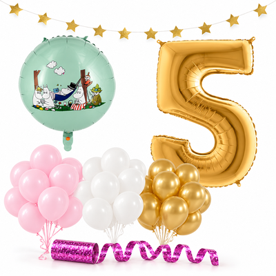 Mumin 5 år – dekorationspaket Rosa – paketets produkter