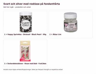 Svart och silver med rosklase på fondanttårta – innehåll och antal förpackningar