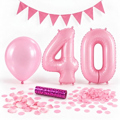 40-års festpaket, Rosa, Stor – paketets dekorationer på vit bakgrund