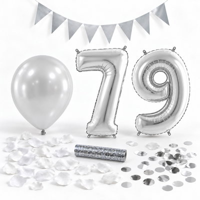 79-års festpaket, Silver, Stor – paketets dekorationer på vit bakgrund