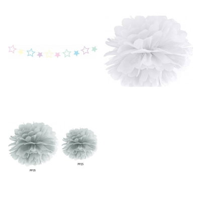 Babyshower och dop – bara dekorationer – pastell – samlad produktbild på vit bakgrund