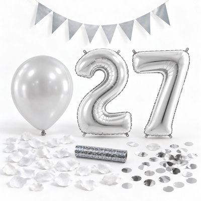 27-års festpaket, Silver, Stor – paketets dekorationer på vit bakgrund