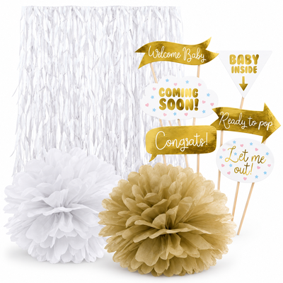 Babyshower och dop – fotohörna – vitt och guld – samlat paketinnehåll