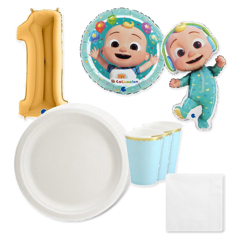 CoComelon – 1-årskalas – dukning och ballong för 12 gäster – paketets samlade innehåll