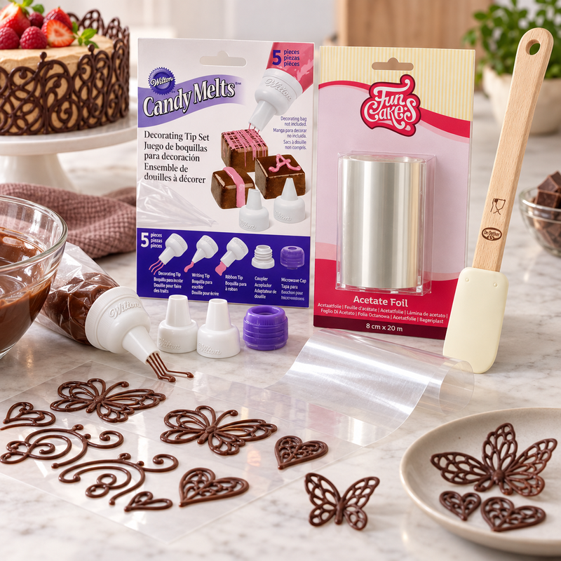 Miljöbild: Chokladfiligran – spritsa och lossa dekor från acetat