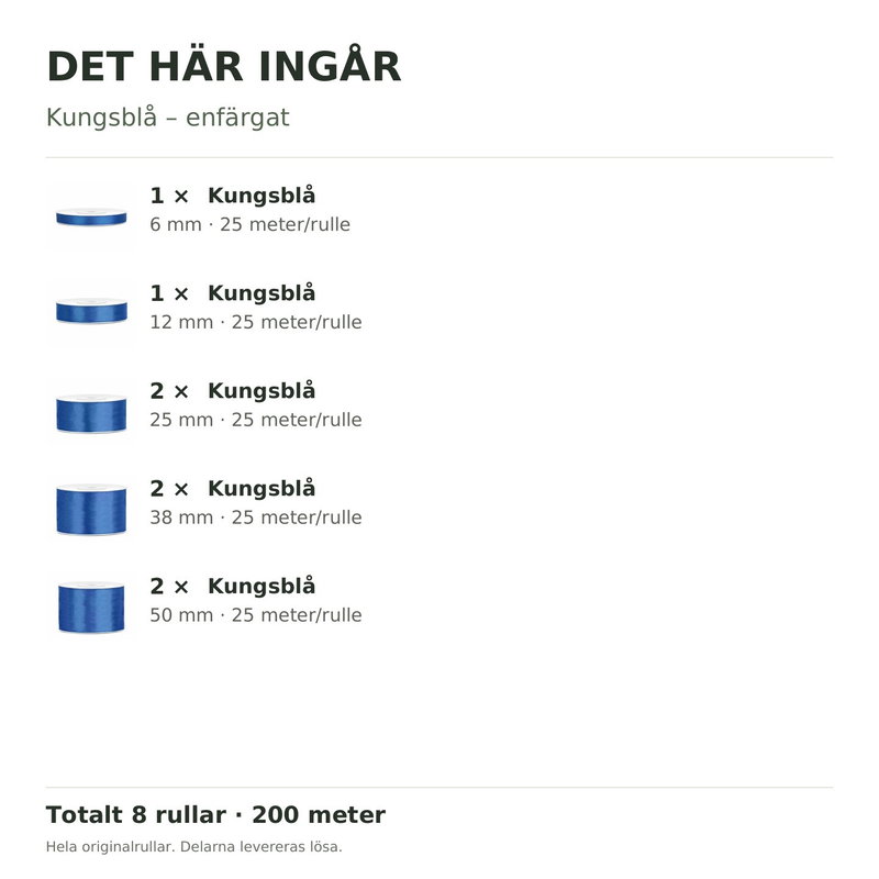 Det här ingår – Satinbandspaket – Kungsblå – 8 rullar