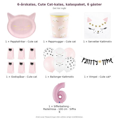 6-årskalas, Cute Cat-kalas, kalaspaket, 6 gäster – innehåll och antal förpackningar