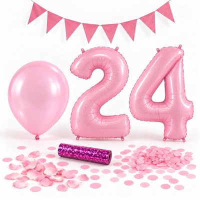 24-års festpaket, Rosa, Stor – paketets dekorationer på vit bakgrund