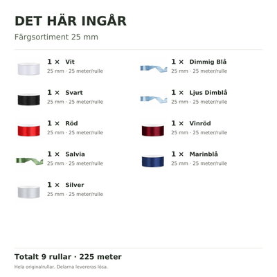 Det här ingår – Satinbandspaket – Färgsortiment 25 mm – 9 rullar