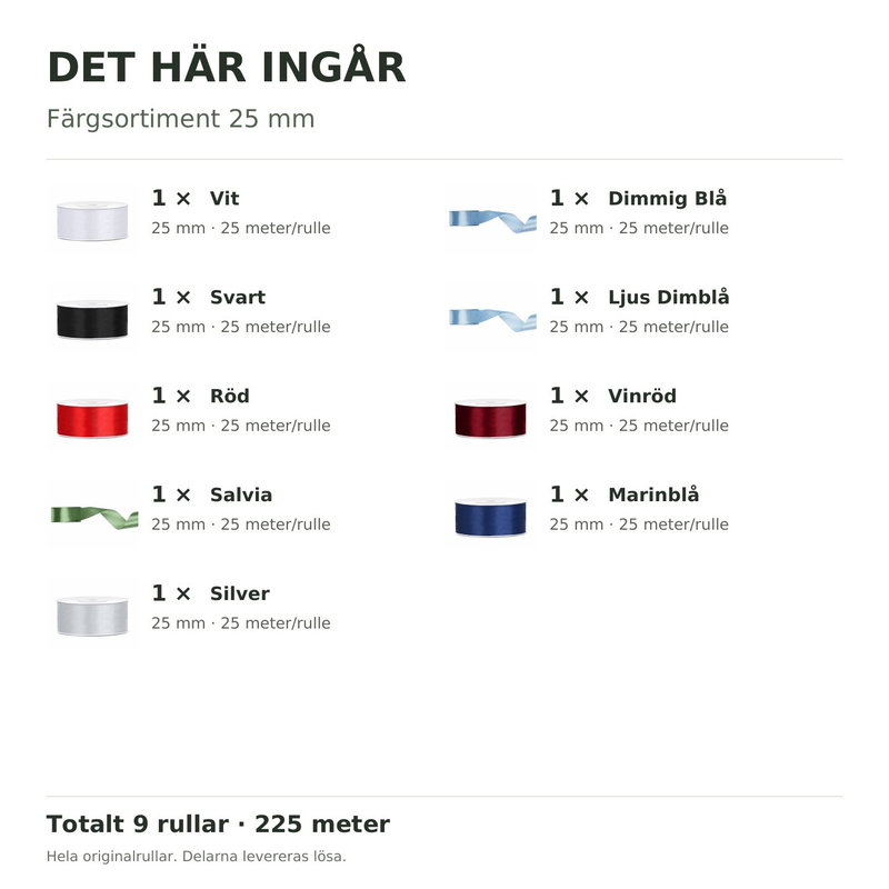 Det här ingår – Satinbandspaket – Färgsortiment 25 mm – 9 rullar