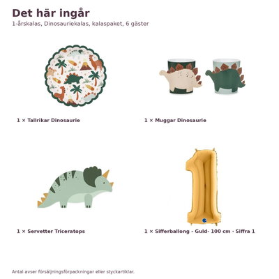 1-årskalas, Dinosauriekalas, kalaspaket, 6 gäster – innehåll och antal, sifferballong 100 cm