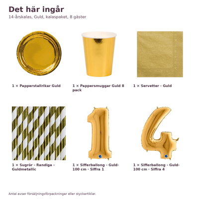 14-årskalas, Guld, kalaspaket, 8 gäster – innehåll och antal, sifferballong 100 cm
