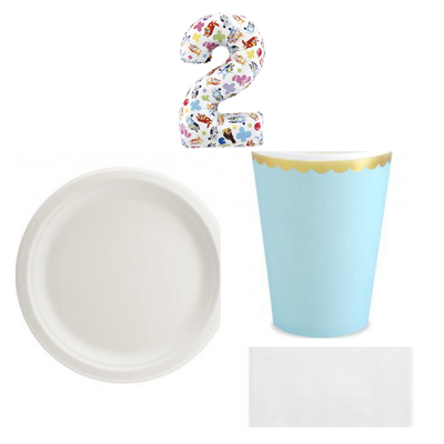 2-årskalas, Bluey-ballong och ljusblå dukning, kalaspaket, 6 gäster – sammansatt bild av paketets produkter