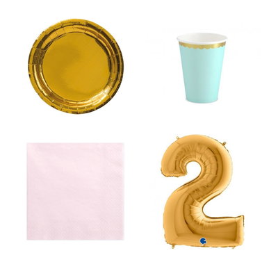 2-årskalas, Mint, rosa och guld, kalaspaket, 6 gäster – paketets produkter med sifferballong 100 cm