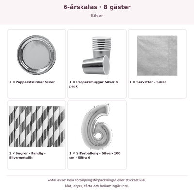 6-årskalas, Silver, kalaspaket, 8 gäster – innehåll och antal förpackningar
