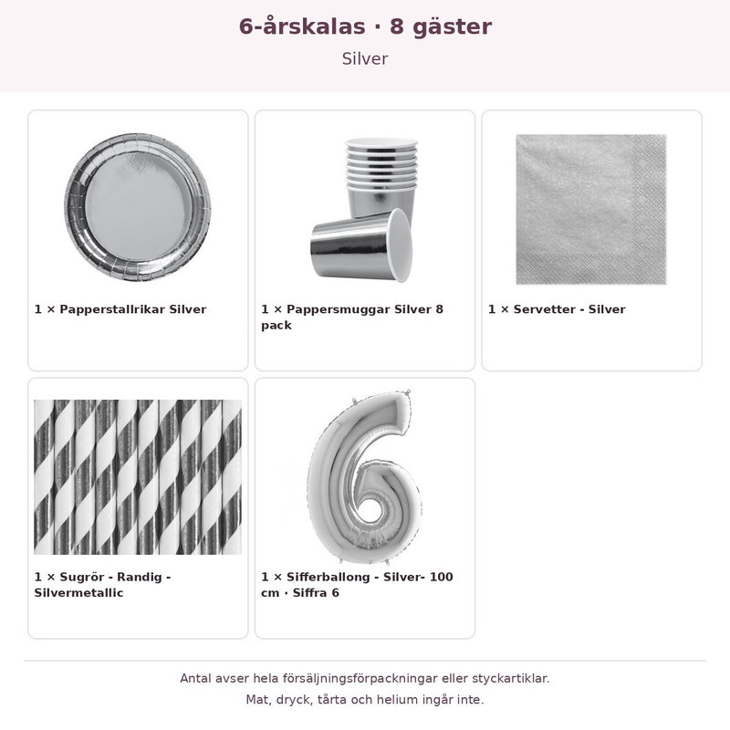 6-årskalas, Silver, kalaspaket, 8 gäster – innehåll och antal förpackningar