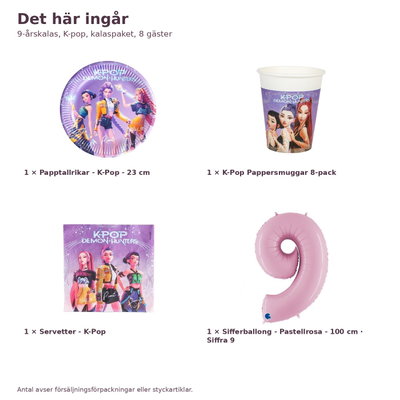 9-årskalas, K-pop, kalaspaket, 8 gäster – innehåll och antal, sifferballong 100 cm