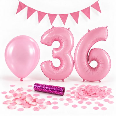 36-års festpaket, Rosa, Stor – paketets dekorationer på vit bakgrund