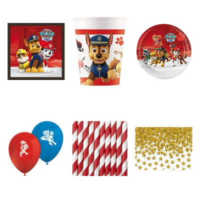 Paw Patrol, kalaspaket med dukning och dekorationer, 24 gäster – översikt av ingående produkttyper