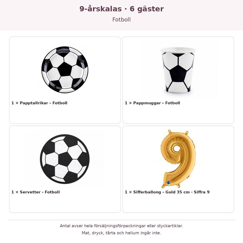 9-årskalas, Fotboll, kalaspaket, 6 gäster – innehåll och antal förpackningar