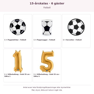 15-årskalas, Fotboll, kalaspaket, 6 gäster – innehåll och antal förpackningar