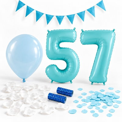 57-års festpaket, Blått, Stor – paketets dekorationer på vit bakgrund