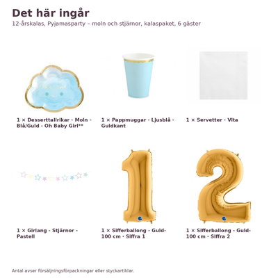 12-årskalas, Pyjamasparty – moln och stjärnor, kalaspaket, 6 gäster – innehåll och antal, sifferballong 100 cm
