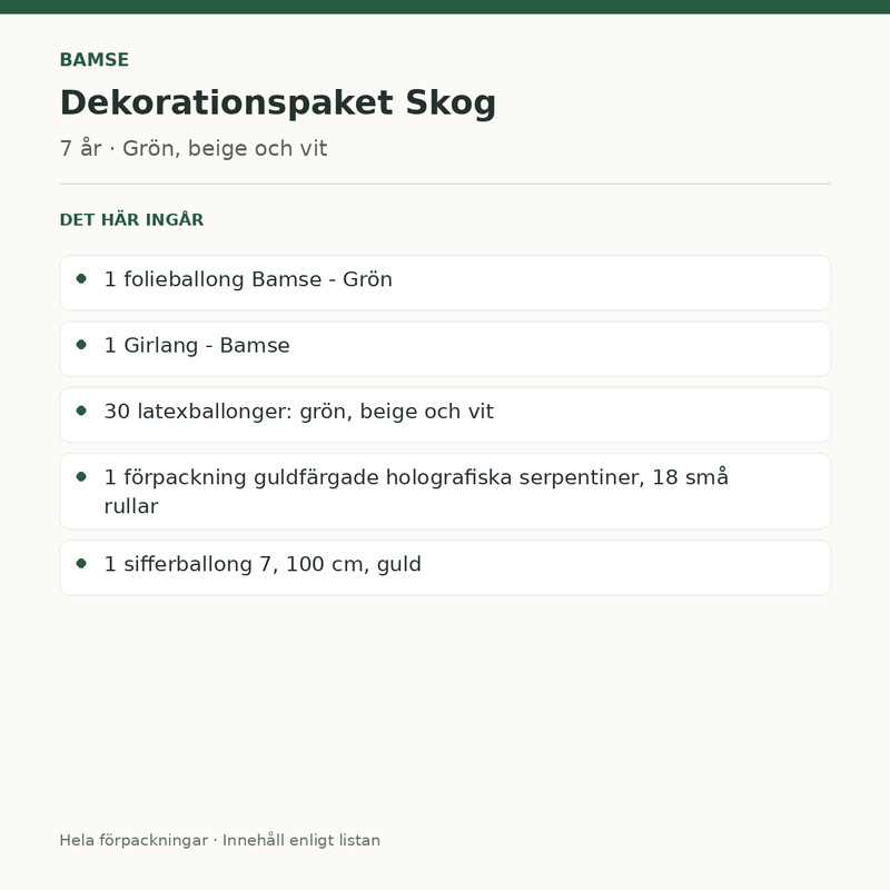 Bamse 7 år – dekorationspaket Skog – innehåll och antal