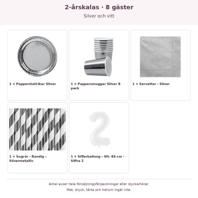 2-årskalas, Silver och vitt, kalaspaket, 8 gäster – innehåll och antal förpackningar