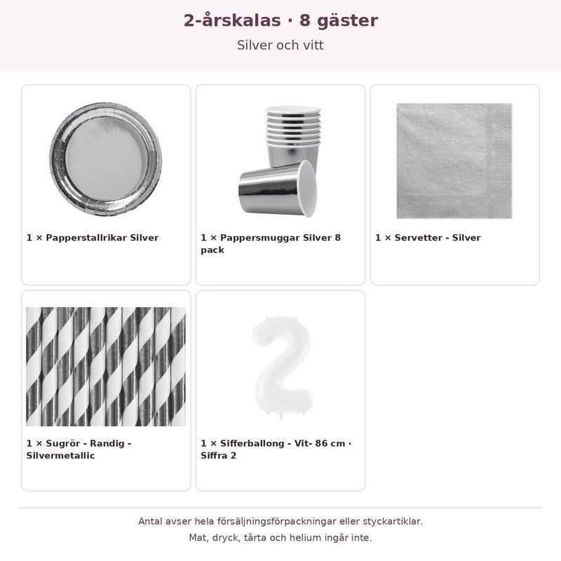 2-årskalas, Silver och vitt, kalaspaket, 8 gäster – innehåll och antal förpackningar