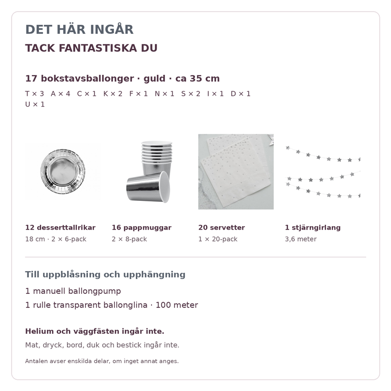 Innehåll och exakta antal – TACK FANTASTISKA DU, 35 cm bokstäver och dukning för 12