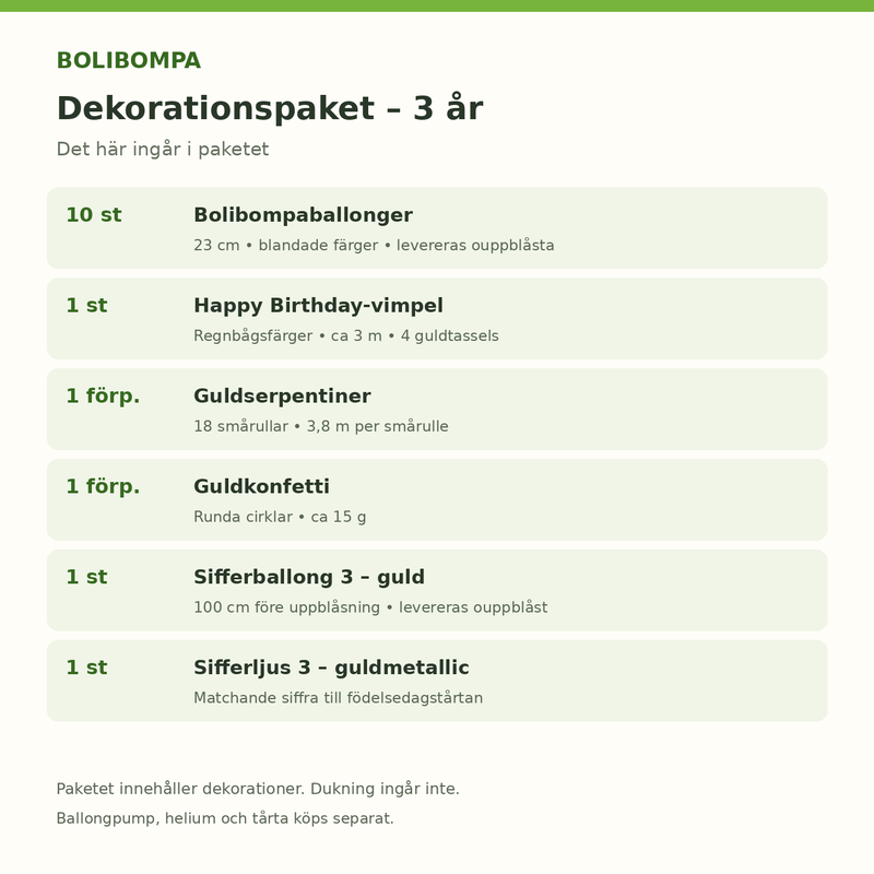 Bolibompa 3 år – dekorationspaket med sifferballong – innehåll och antal