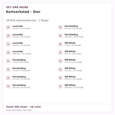 Det här ingår – Satinbandspaket – Kortverkstad – Stor – 18 rullar