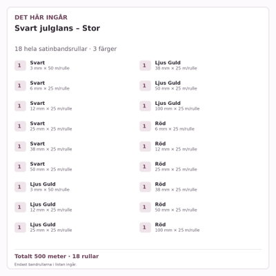 Det här ingår – Satinbandspaket – Svart julglans – Stor – 18 rullar