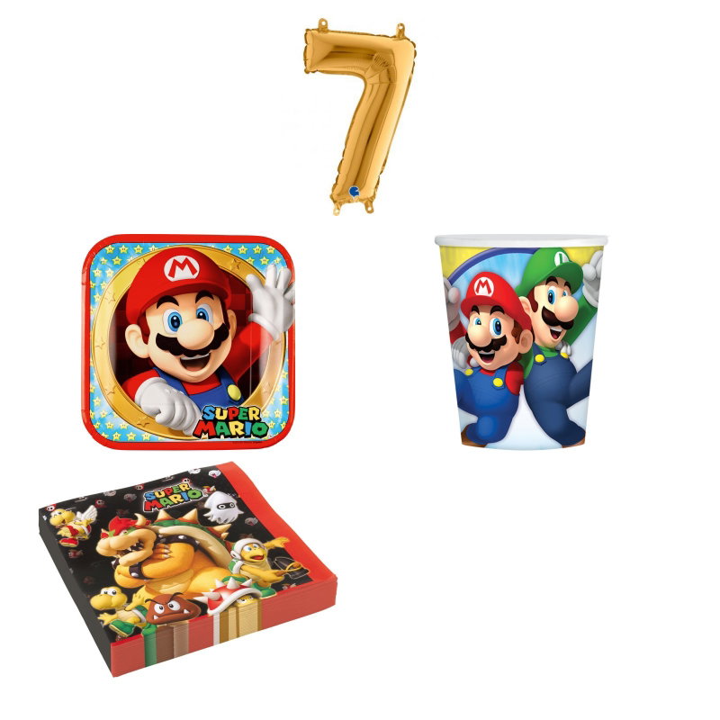 7-årskalas, Super Mario, kalaspaket, 8 gäster – sammansatt produktbild