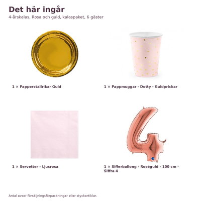 4-årskalas, Rosa och guld, kalaspaket, 6 gäster – innehåll och antal, sifferballong 100 cm