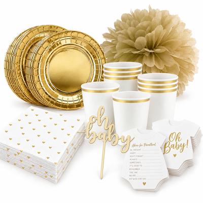 Babyshower – vitt och guld – dukning och minnen, 12 gäster – samlat paketinnehåll