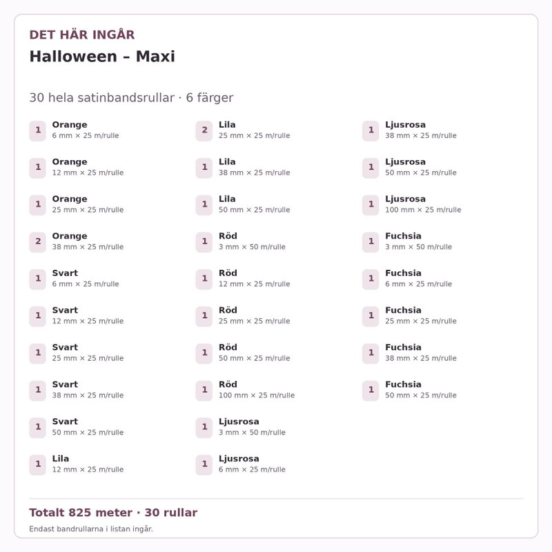 Det här ingår – Satinbandspaket – Halloween – Maxi – 30 rullar