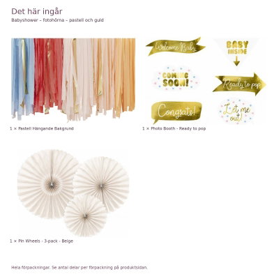 Babyshower – fotohörna – pastell och guld – innehåll och antal förpackningar