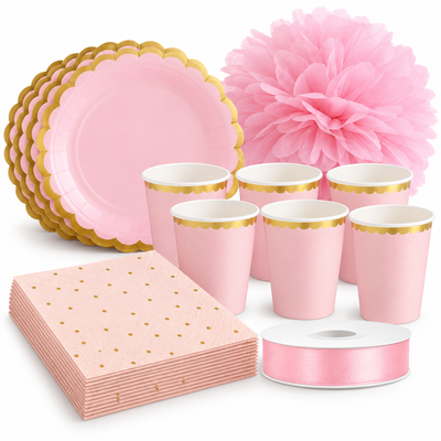 Dop flicka – rosa och guld – fikapaket, 6 gäster – samlat paketinnehåll