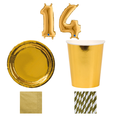 14-årskalas, Guld, kalaspaket, 8 gäster – sammansatt bild av paketets produkter