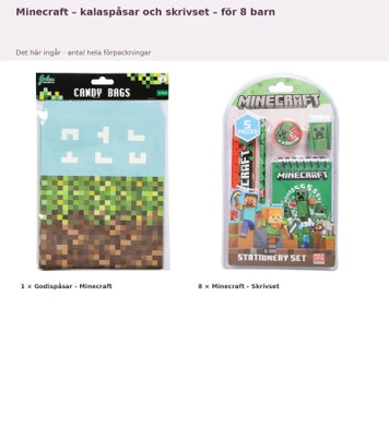 Minecraft – kalaspåsar och skrivset – för 8 barn – innehåll och antal