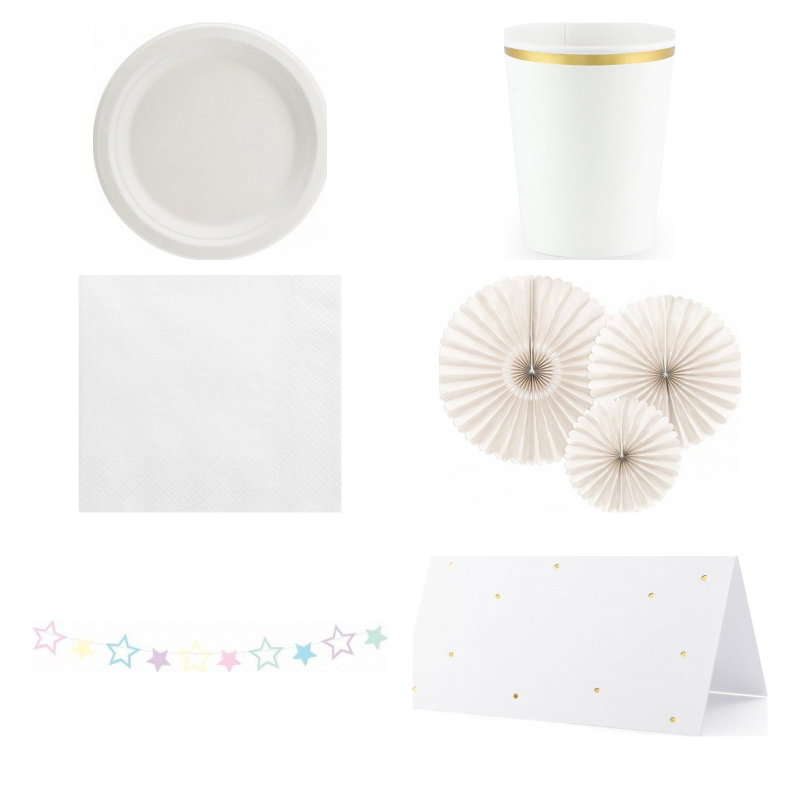 Namngivning – beige och vitt – dukning och minnen, 12 gäster – paketets produkter