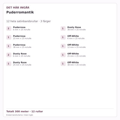 Det här ingår – Satinbandspaket – Puderromantik – 12 rullar